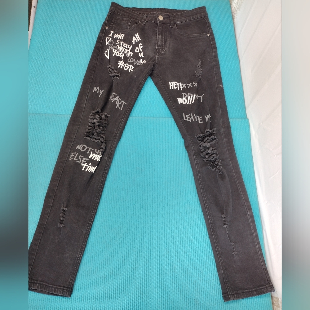 SHEIN Women's Distressed Skinny Jeans Ripped Graphic Text - 30
